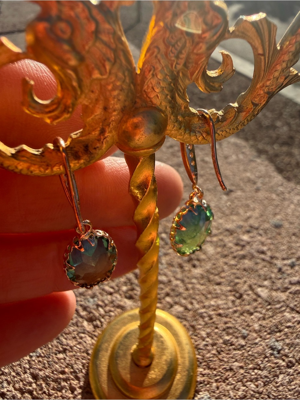 Green Faceted Drop Earrings – Gold‑Tone Hooks with Crystal Accents - Picture 2 of 3